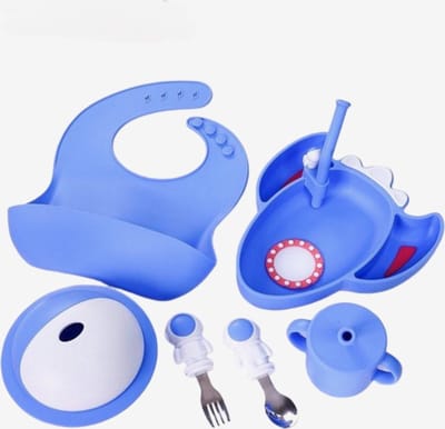 Kinderservies Astronauten Set van 6 voor Kinderen - Bord/Lepel/Vork/Beker/Slabbetje/Kommetje - BPAVRIJ Anti slip Ftalaatvrij - Baby servies - Kinderservies - Kinderbord - Blauw - Magnetron - Vaatwasser