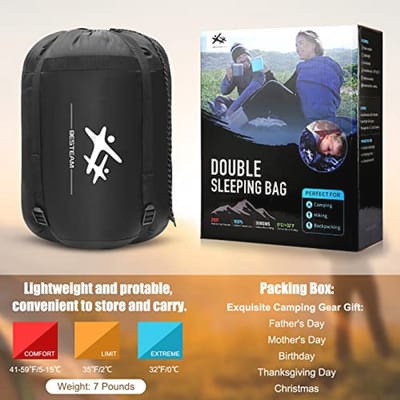 BESTEAM Dubbele slaapzak backpacken, wandelen, familie kamperen, reizen. Queen Size XL Truck, Tent, slaapkussen. 2 persoons waterdichte slaapzak volwassenen tieners. 3 seizoenen!
