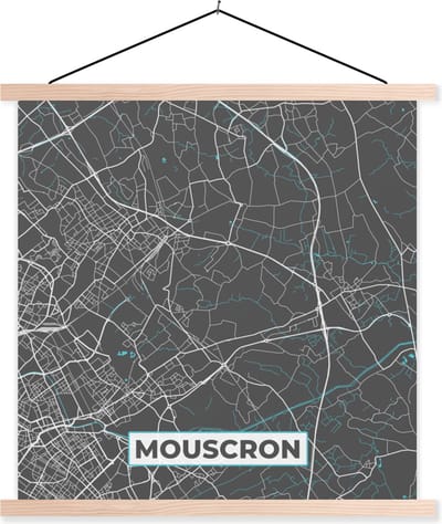 Posterhanger incl. Poster 40x40 cm - Schoolplaat - Plattegrond – Mouscron – Blauw – Stadskaart - Kaart - België - Textielposter - Blanke latten - Stadskaart
