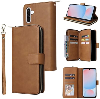 Telefoonhoesje geschikt voor Samsung Galaxy A57 5G - Portemonnee met rits - book-case hoesje - ruimte voor 9 pasjes - bruin