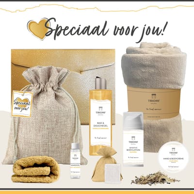 Geschenkset “Speciaal voor jou!” - 8 producten - 1210 gram - Triomf Cosmetica | Cadeau voor haar Cadeaupakket Wellness Fleece deken Douchegel Luxe Giftset Pakket Vrouw Verjaardag Vriendin Gefeliciteerd Moederdag Kerstpakket Cadeau Gift Set Crème Goud