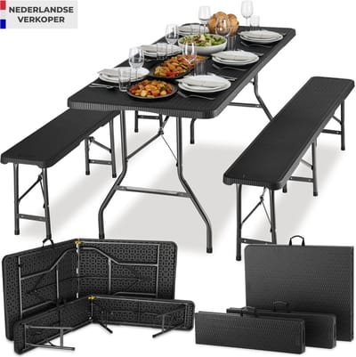 tectake® 3-delige Tuintafel Set - 180 cm - Campingtafel met 2 Banken - Inklapbaar - Lichtgewicht - Camping Tafel met Handgrepen - Ook te gebruiken als Biertafel, Picknicktafel, Buffettafel - Zwart