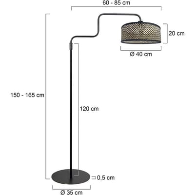 Zwarte Vloerlamp Bloeba 4170ZW van Bamboe en Metaal, Draaibaar en Uitschuifbaar, Verstelbare Hoogte 150-165 cm, Steinhauer