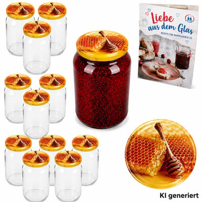 12-delige set ronde glazen 720 ml TO 82 Carino honingraatdeksel incl. Diamant Gelierzauber receptenboekje
