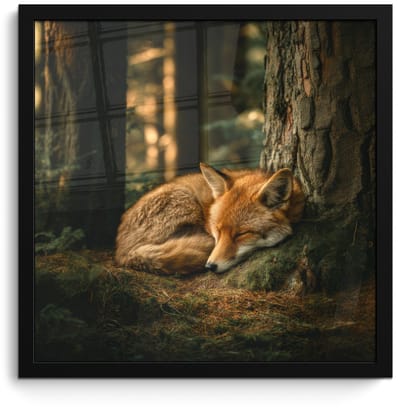 Poster in lijst - Fotolijst 40x40 cm - Posters - Vos - Bos - Slapen - Posterlijst zwart - Decoratie - Wanddecoratie woonkamer - Muurdecoratie slaapkamer