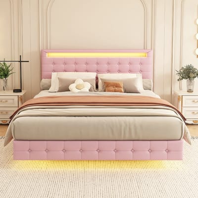 VVBV Bedframe met LED-Verlichting 140x200 cm - Verstelbaar Hoofdbord - PU-leer Roze