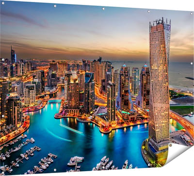 Gards Tuinposter Dubai Haven met de Stad - 160x120 cm - Tuindoek - Tuindecoratie - Wanddecoratie buiten - Tuinschilderij