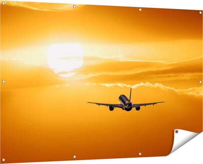 Gards Tuinposter Vliegtuig bij Zonsondergang - 150x100 cm - Tuindoek - Tuindecoratie - Wanddecoratie buiten - Tuinschilderij