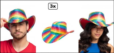 3x Hoed Party regenboog pailletten - Luxe rainbow cowboy hoed - Pride festival thema feest party fun