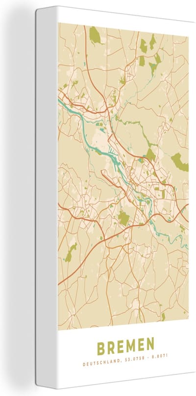 Canvas Schilderij Bremen - Kaart - Vintage - Stadskaart - Plattegrond - 20x40 cm - Wanddecoratie