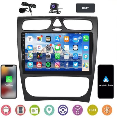 ESSGOO CarPlay autoradio geschikt voor Mercedes Benz CLK W209 C-Klasse W203 - Android 15 - 4GB + 64GB - Draadloos Apple Carplay & Android Auto - Bluetooth & Wifi GPS Navigatie - Achteruitrijcamera - DAB+ - Microfoon