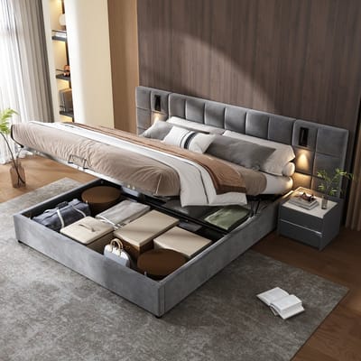Gestoffeerd bed - Opbergbed met richtlamp en opladen via USB - Breed en met schuim gevuld hoofdeinde - Zonder matras- 160x200 cm - Grijs
