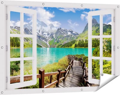 Gards Tuinposter Doorkijk Pad naar een Helder Blauw Meer in de Bergen - 120x80 cm - Tuindoek - Tuindecoratie - Wanddecoratie buiten - Tuinschilderij