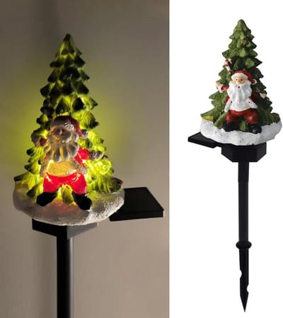 Zonnelamp met LED Santa Claus en kerstboom voor buiten, sfeervolle decoratie met schattige verlichting voor de tuin.