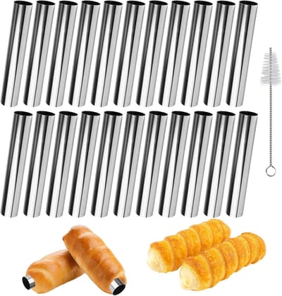 22 Stuks Roestvrij Stalen Cannoli Vormen, Anti-aanbak Buizen voor Crème, Schuimrolvormen en Croissant Kegels met Reinigingsborstel en Bakaccessoires