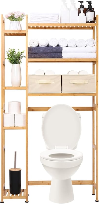 Toiletrek met 2 manden, bamboe wc-rek, 3-verdiepingen verstelbaar badkamerrek met waterdicht voetkussen, multifunctioneel badkamerrek, ruimtebesparend, eenvoudige montage (natuur)