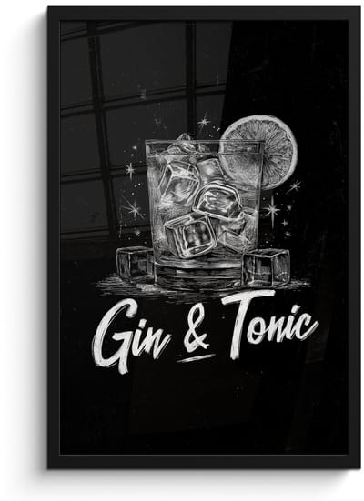Poster in lijst - Fotolijst 40x60 cm - Posters - Gin en tonic - Glas - Limoen - Ijsblokjes - Posterlijst zwart - Decoratie - Wanddecoratie woonkamer - Muurdecoratie slaapkamer