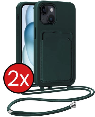 Hoesje Geschikt voor iPhone 15 Plus Hoesje Met Telefoonkoord en Pasjeshouder Siliconen - Hoes Geschikt voor iPhone 15 Plus Hoesje Met Kaarthouder Case - Donkergroen - 2 PACK