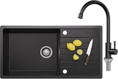 CECIPA MAX Spoelbak Met Kraangat - Granieten Keuken 86x45CM - Spoelbak Keuken Met Keukenkraan - Met Afdruiprek en Waterafvoersysteem - 80% Kwarts Zand Spoelbak Keuken - Zwart