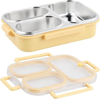 Broodtrommel van roestvrij staal, 1000 ml, met 3 vakken, bento lunchbox voor volwassenen, lekvrij, brooddoos, lunchbox, boterhamdoos voor meisjes, jongens, school (geel)
