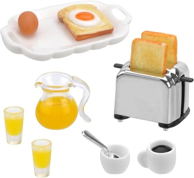 Miniatuur accessoires voor ontbijt in poppenhuis, inclusief porseleinen servies, mini keuken gadgets, en schattige gnome decoraties voor een sfeervolle inrichting