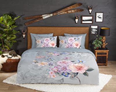 Good Morning dekbedovertrek bloemen - 1 persoons 140x200/220 cm - Grijs - 100% Katoen flanel