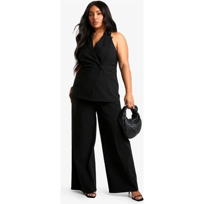 boohoo Dames Plus Super Stretch Wrap Long Line Vest en Broek met Wijde Pijpen | Zwart | Maat: 56