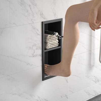 Douchestafel wandnis roestvrij staal mat zwart 31 cm x 12 cm - voor badkamerinrichting met voetensteun - eenvoudig te monteren - inclusief plank - modern design