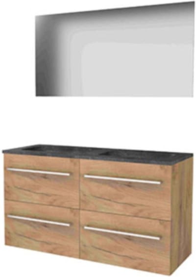 Basic-Line Ultimate 46 Badkamermeubelset - 120 x 46 cm - Met Grepen - 4 Lades - Hardstenen Wastafel - Zonder Kraangat - Spiegel met Indirecte LED Verlichting - Whisky Oak