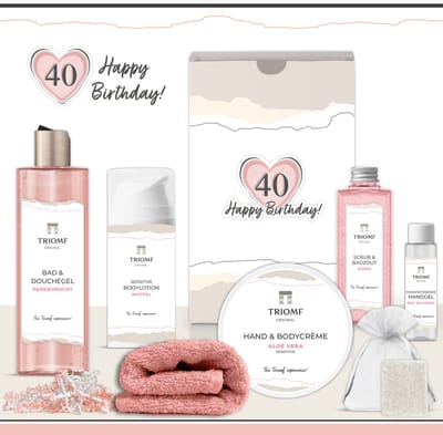 Geschenkset “40 Jaar, Happy Birthday!” - 7 producten - 850 gram | Cadeau Vrouw - Wellness Pakket Vrouw - Giftset deluxe - Cadeaupakket Veertig jaar - Verjaardag Feest - Gefeliciteerd Cadeau - Sweet Forty Party - Gift Set Vriendin - Roze