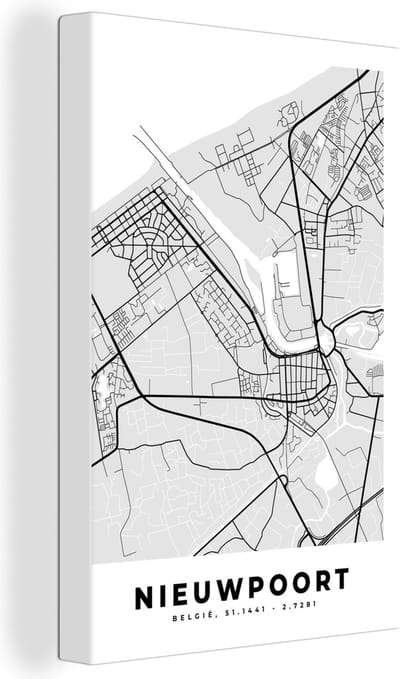 Canvas Schilderij België – Nieuwpoort – Stadskaart – Kaart – Zwart Wit – Plattegrond - 20x30 cm - Wanddecoratie