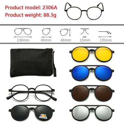 Premium 6-in-1 Zonnebril Heren Dames Magnetische Clip-On Bril TR90 Optische Sterkte Brilmonturen Magneetclips Polarized lens black