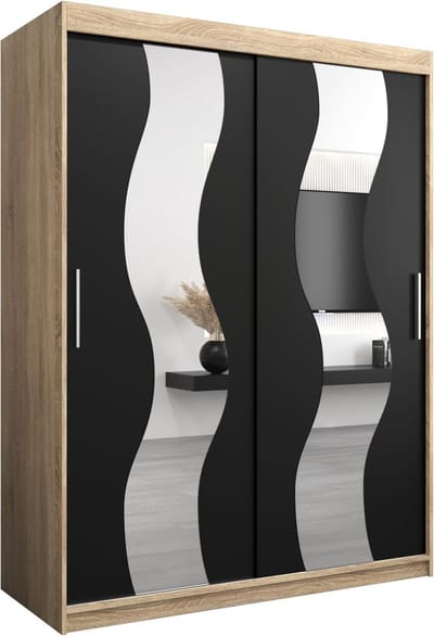 InspireMe - Kledingkast met 2 schuifdeuren, Modern-stijl, Een kledingkast met planken en een spiegel (BxHxD): 150x200x62 - REESE 150 Sonoma Eik + Zwart Mat