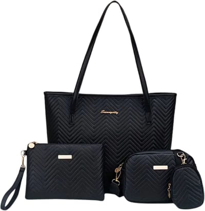 Bovista Handtas Dames - Schoudertas - School - Shopper - Schooltas - Werktas - 4-Delige Set - Zwart