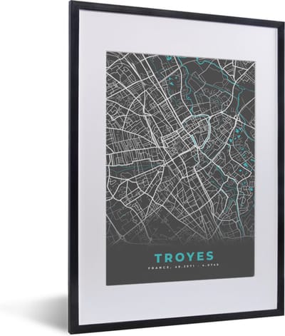 Fotolijst incl. Poster - Troyes - Frankrijk - Plattegrond - Stadskaart - Kaart - 30x40 cm - Posterlijst