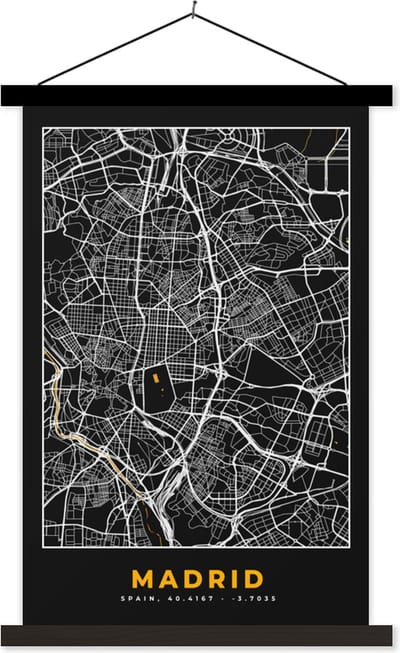Posterhanger incl. Poster 40x60 cm - Schoolplaat - Madrid - Goud - Plattegrond - Stadskaart - Kaart - Textielposter - Zwarte latten - Stadskaart