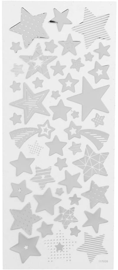 Stickers, sterren, vel 10x24 cm, ca. 52 stuk, zilver, 1 vel