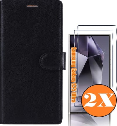 Hoesje geschikt voor Samsung Galaxy S25 Ultra bookcase Zwart - Met screenprotector tempered glass Galaxy S25 Ultra - 2x