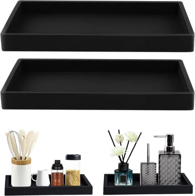 Decoratieve Badkamer Tray Set van 2 Stukken, Silicone Organizer voor Make-up, Zeep en Accessoires - Zwart, 20 x 10 x 2 cm