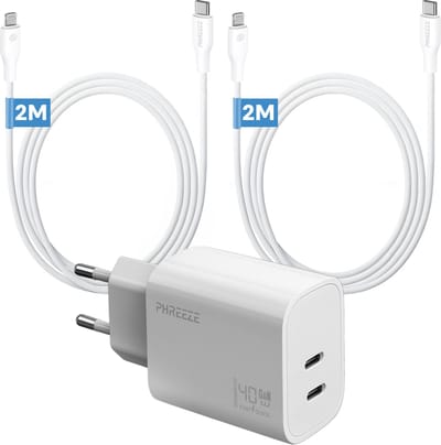 Phreeze usb C adapter - Geschikt voor iPhone en iPad met Lightning kabel - 40 W Power Delivery oplader met 2 kabels 2m