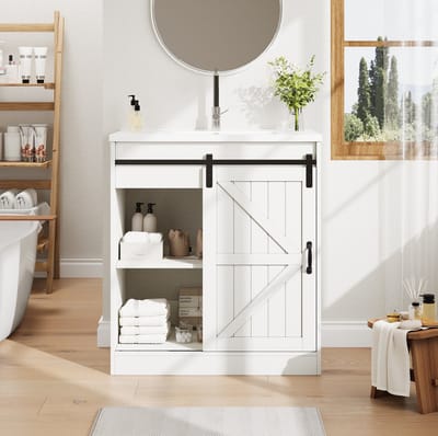 DESMIU Badkamerkast - Schuurdeurdesign Met Keramische Wastafel En Laden - Voor Badkamer - MDF En Metaal - 76x46,5x87,5 Cm - Wit