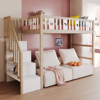 DESMIU Hoogslaper 90 x 200 cm - Kinderbed Met Trap En Opbergruimte - Speel En Leeshoek Onder Het Bed - Voor Kinderkamer - Massief Hout - Natuurlijk Wit - Zonder Matras