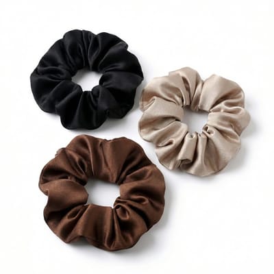 Set satijn scrunchies in zwart en bruintinten – 3 stuks elastische haar elastieken accessoires van glanzend satijn – zwarte, bruine en taupe scrunchie set voor dames