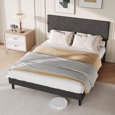 Gestoffeerd platformbed 140x200cm, eenvoudig plat bed, tweepersoonsbed, kinderbed, lattenbodem, bed voor volwassenen, tienerbed, grijze linnen stof