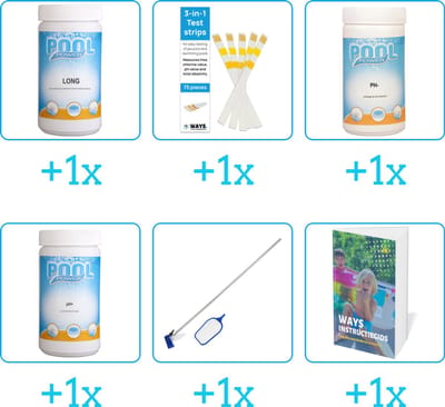 Zwembad Onderhoudspakket - Onderhoud Zwembad - bevat Chloor - Testrips - PH-min - PH-plus - Schoonmaakset en Zwembadgids (6-delig)
