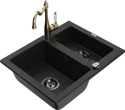 Mexen Carlos granieten spoelbak 1,5-kamer met keukenkraan Carla, zwart - 6518-77-670700-50-B