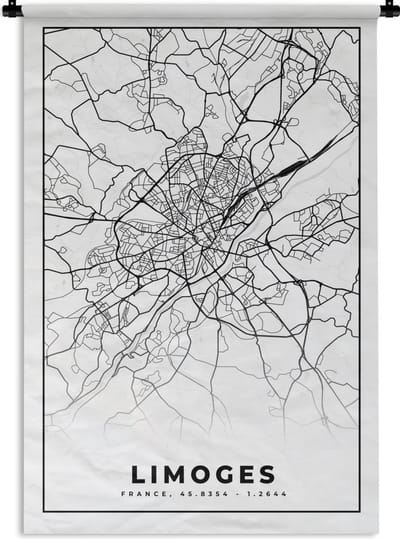 Wandkleed - Wanddoek - Kaart - Stadskaart - Limoges - Frankrijk - Plattegrond - Zwart wit - 120x180 cm - Wandtapijt