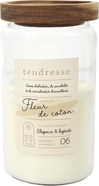 Geurkaars in Glazen Pot met Massief Houten Deksel - Fleur De Coton Geur - Ø 9 x 16,5 cm - Luxe Sfeerkaars voor Thuis - Wit