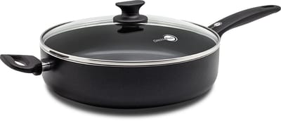 GreenPan Cambridge Hapjespan 28cm met deksel - 4.2L - PFAS-vrije antikleeflaag – Hapjespan inductie - Keramische pan – Ovenbestendig tot 160°C – Koudgrepen - Met glazen deksel - Zwart