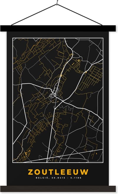 Posterhanger incl. Poster 40x60 cm - Schoolplaat - Zoutleeuw - Stadskaart - Plattegrond - Kaart - Goud - Textielposter - Zwarte latten - Stadskaart